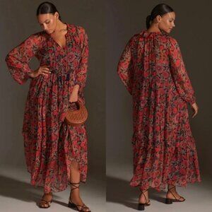 Anthropologie Marais Printed Chiffon Tiered Maxi Dress Size 1X